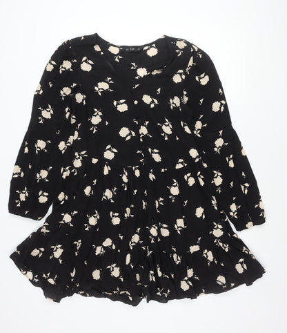 F&F Women’s Black Floral Skater Dress UK 10 Long Sleeve V-Neck