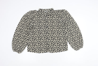 JDY Womens Black Animal Print Blouse Size M Long Sleeve Puff Button Up