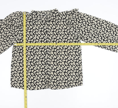 JDY Womens Black Animal Print Blouse Size M Long Sleeve Puff Button Up