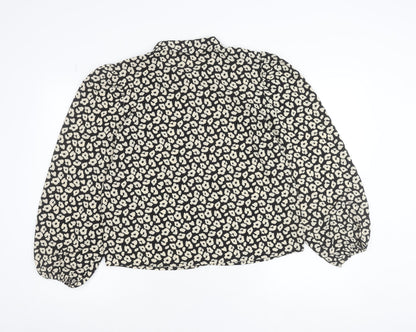 JDY Womens Black Animal Print Blouse Size M Long Sleeve Puff Button Up