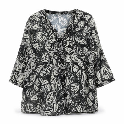 Front view of Kaleidoscope women’s black butterfly print tunic blouse, size UK 12