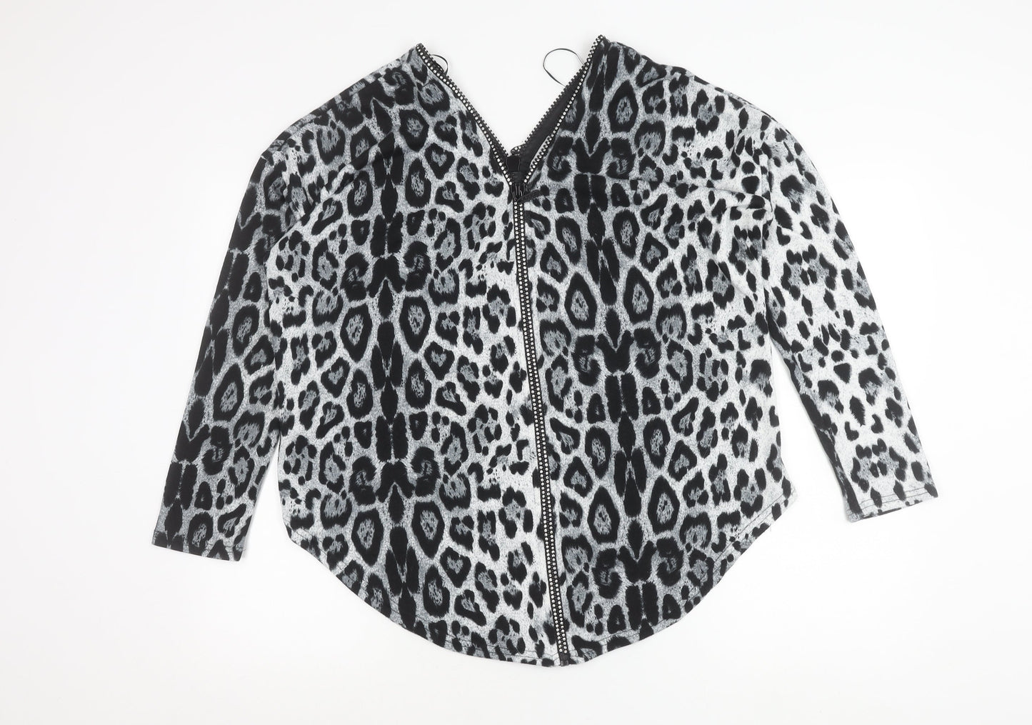 Quiz Women’s Black Animal Print Tunic Blouse M 3/4 Sleeve V-Neck Zip