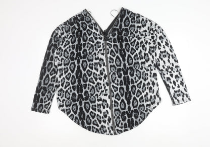 Quiz Women’s Black Animal Print Tunic Blouse M 3/4 Sleeve V-Neck Zip