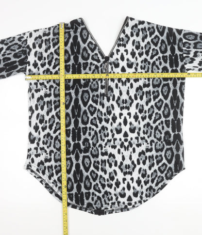 Quiz Women’s Black Animal Print Tunic Blouse M 3/4 Sleeve V-Neck Zip