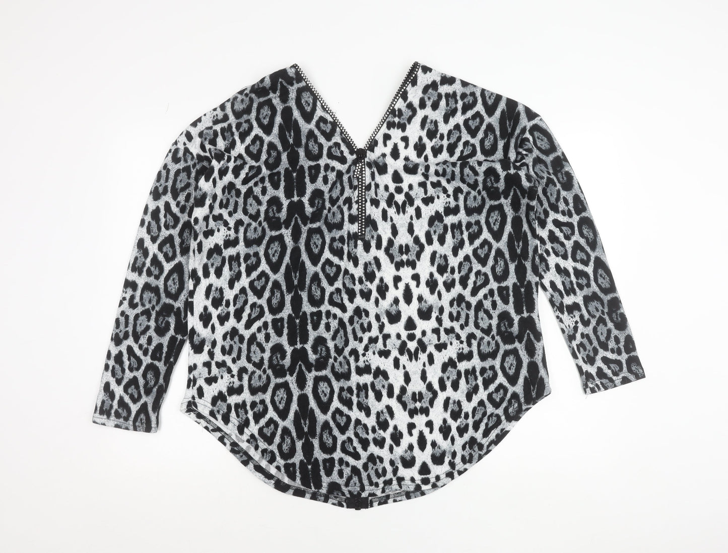 Quiz Women’s Black Animal Print Tunic Blouse M 3/4 Sleeve V-Neck Zip