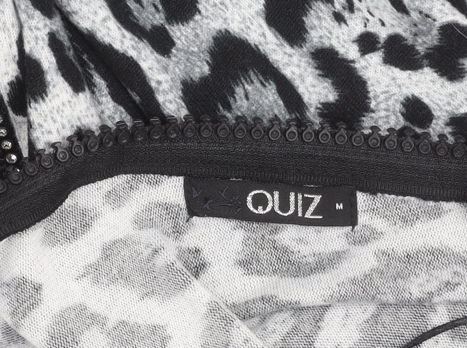 Quiz Women’s Black Animal Print Tunic Blouse M 3/4 Sleeve V-Neck Zip