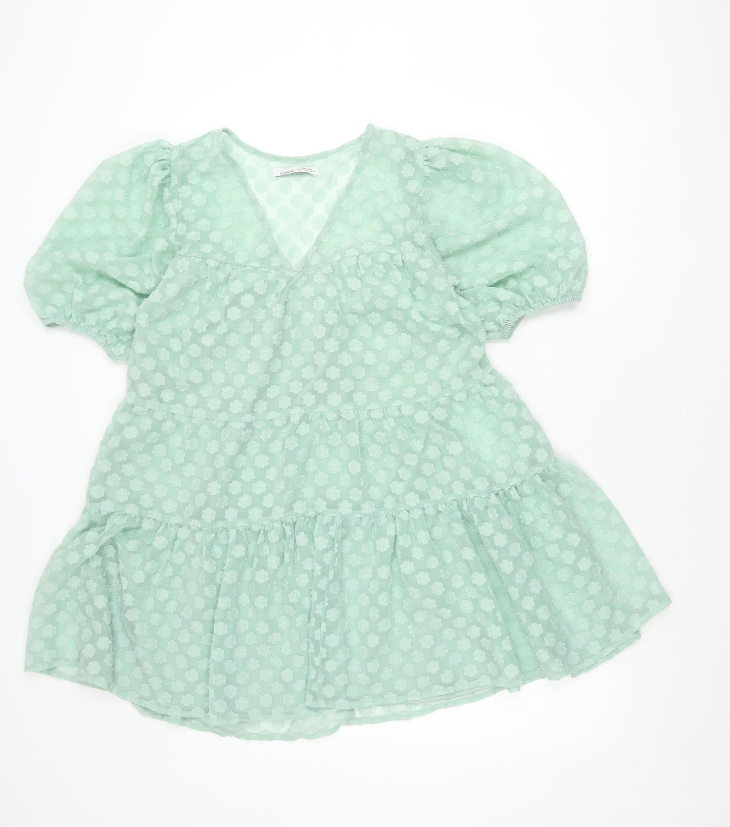 Pull&Bear Women’s Green Puff Sleeve Floral Ruffle Tunic Blouse Size 8