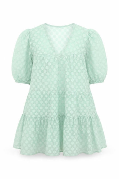 Pull&Bear Women’s Green Puff Sleeve Floral Ruffle Tunic Blouse Size 8