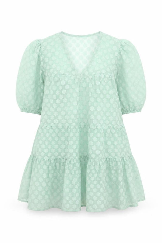 Pull&Bear Women’s Green Puff Sleeve Floral Ruffle Tunic Blouse Size 8