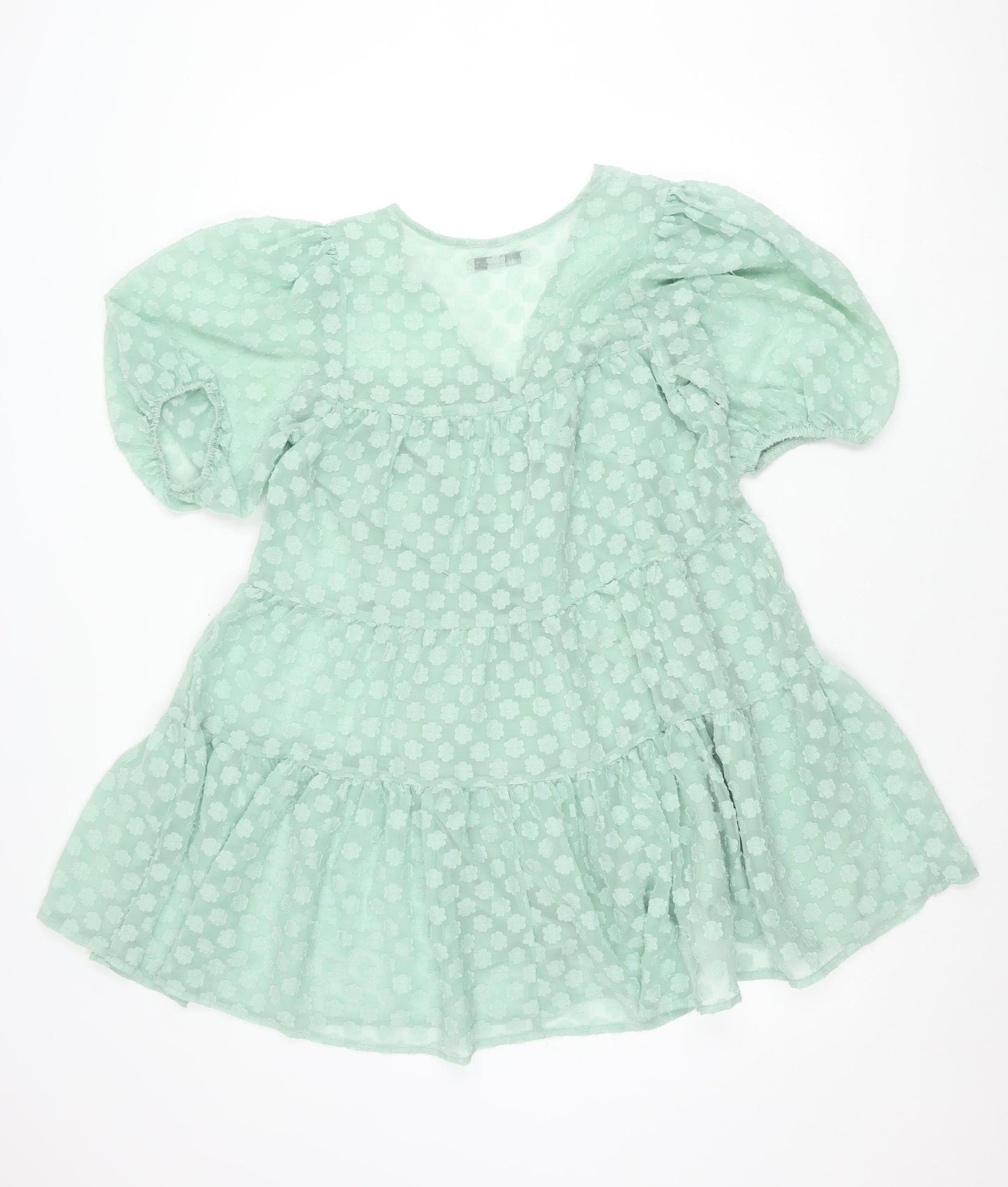 Pull&Bear Women’s Green Puff Sleeve Floral Ruffle Tunic Blouse Size 8