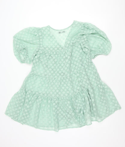 Pull&Bear Women’s Green Puff Sleeve Floral Ruffle Tunic Blouse Size 8
