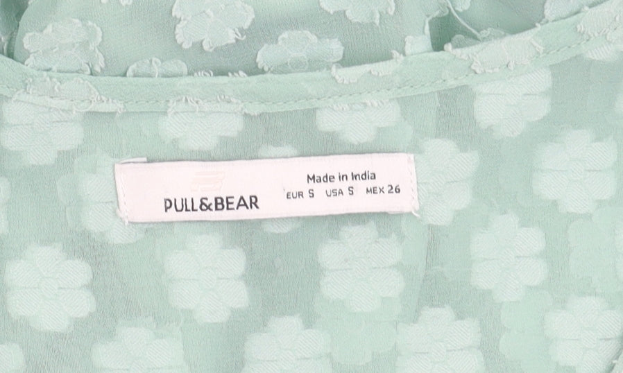 Pull&Bear Women’s Green Puff Sleeve Floral Ruffle Tunic Blouse Size 8