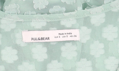 Pull&Bear Women’s Green Puff Sleeve Floral Ruffle Tunic Blouse Size 8