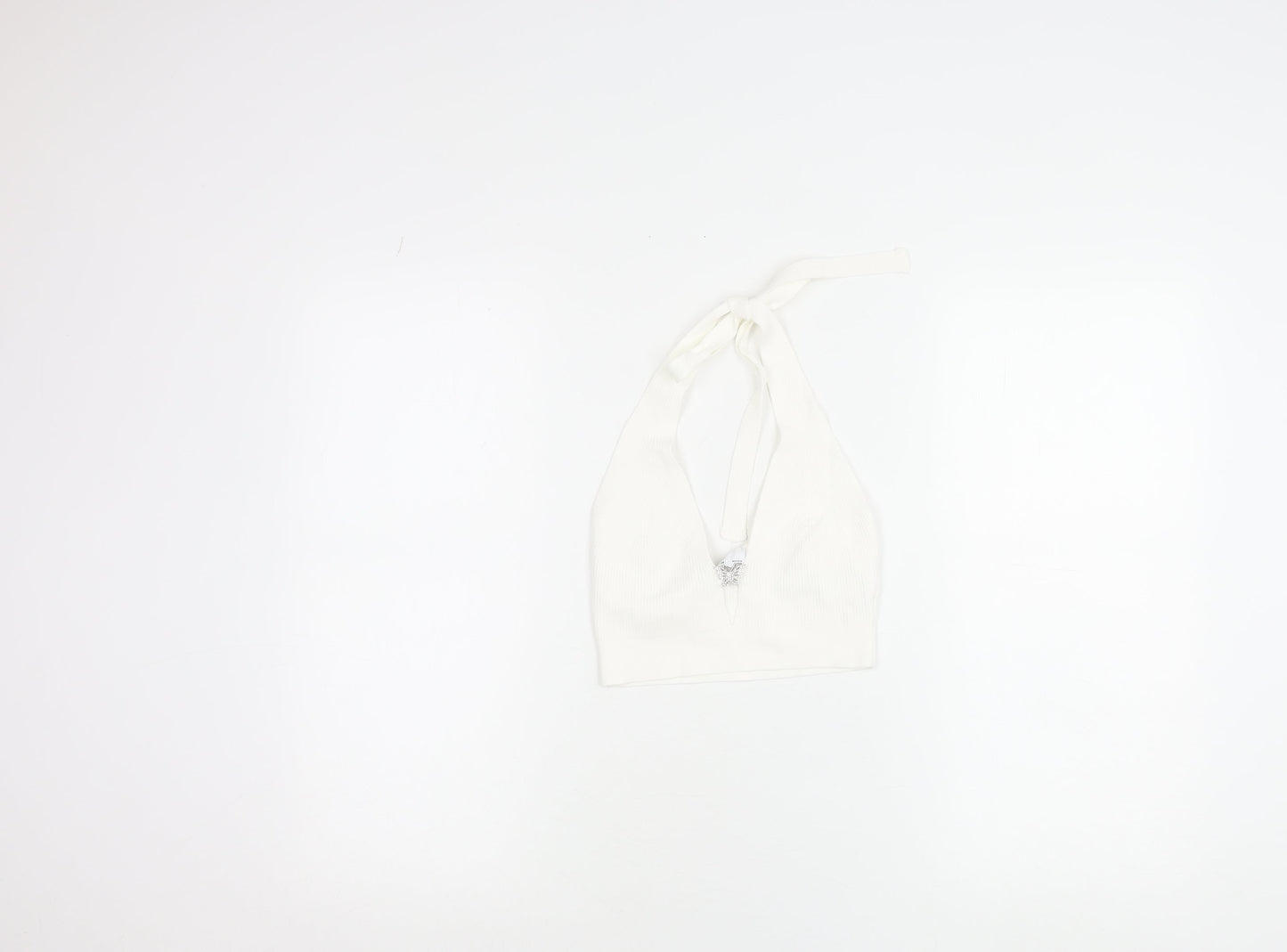 Bershka Womens White Halter Cropped Tank Top M Knit Butterfly Detail