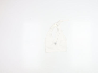 Bershka Womens White Halter Cropped Tank Top M Knit Butterfly Detail