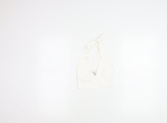 Bershka Womens White Halter Cropped Tank Top M Knit Butterfly Detail
