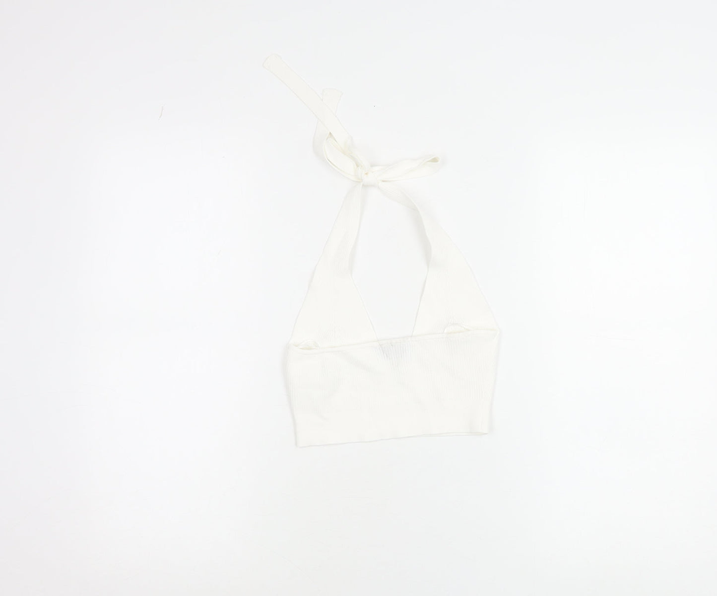 Bershka Womens White Halter Cropped Tank Top M Knit Butterfly Detail