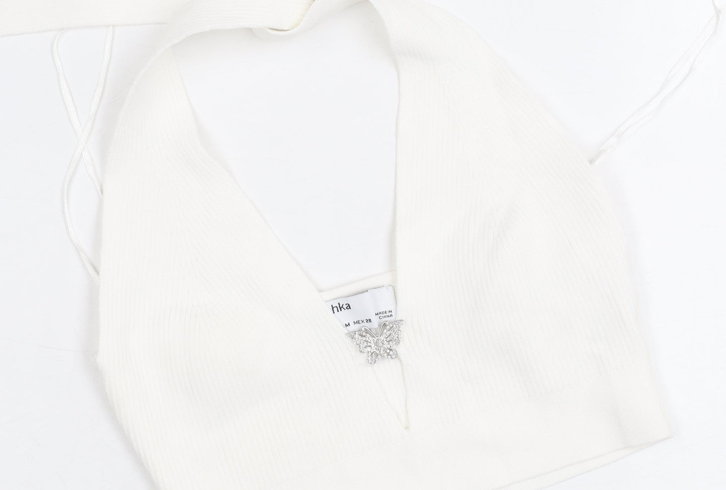 Bershka Womens White Halter Cropped Tank Top M Knit Butterfly Detail