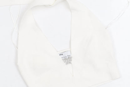 Bershka Womens White Halter Cropped Tank Top M Knit Butterfly Detail