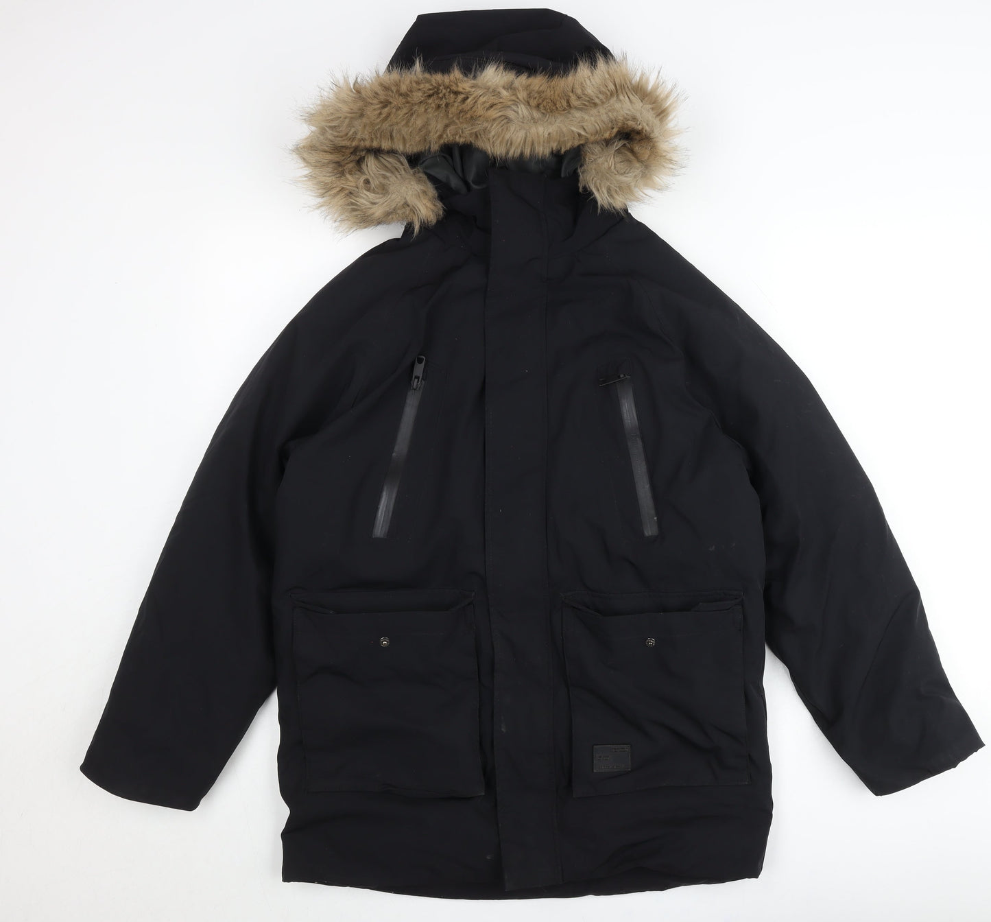 Zara Teens Black Parka Jacket with Hood Fur Trim Size 164