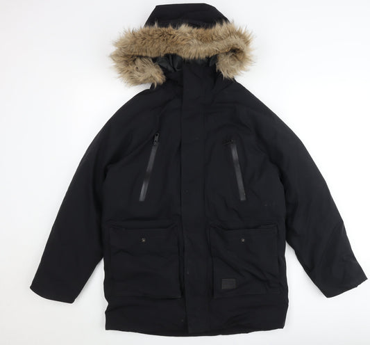 Front view of Zara Teens Black Parka Jacket with Hood Fur Trim, size 164