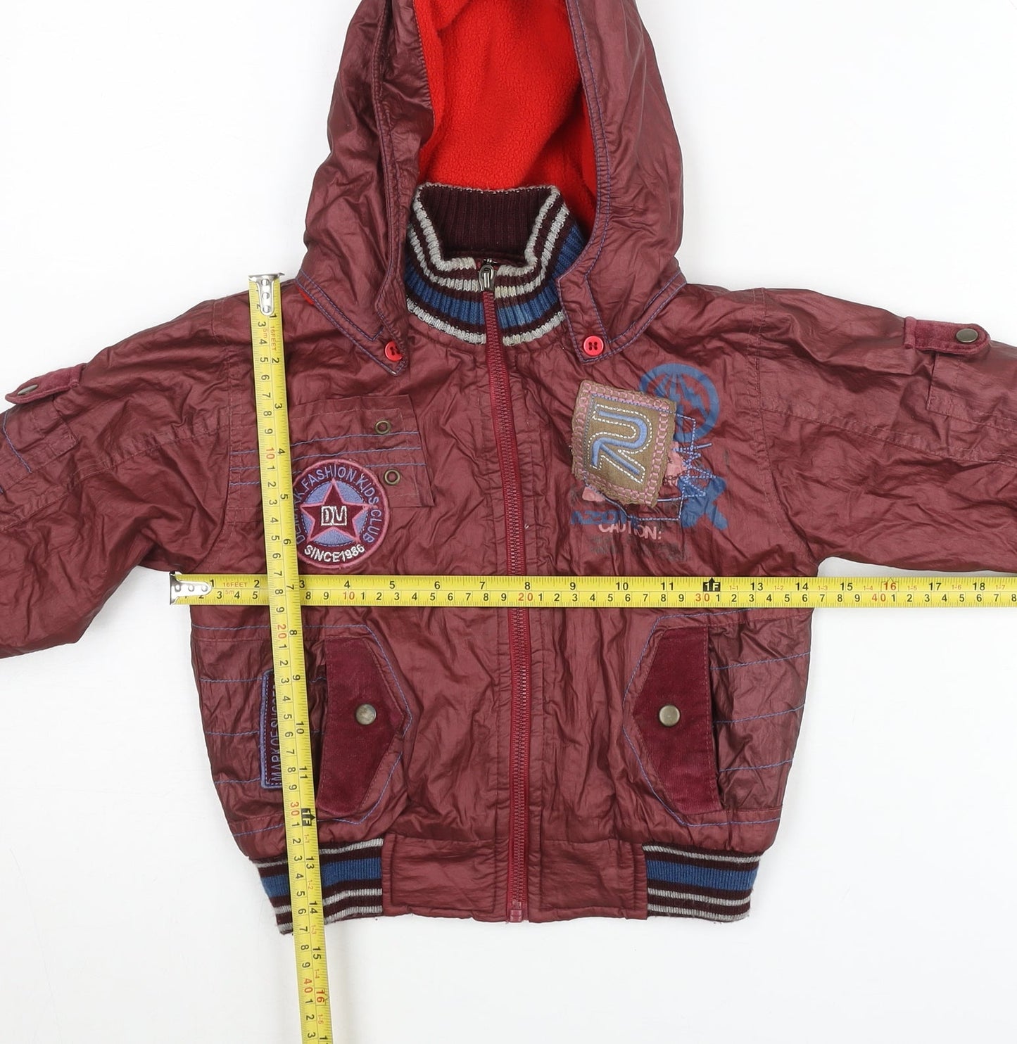 de-mark Boys Red Bomber Jacket Hooded 2 Years Lined Full Zip