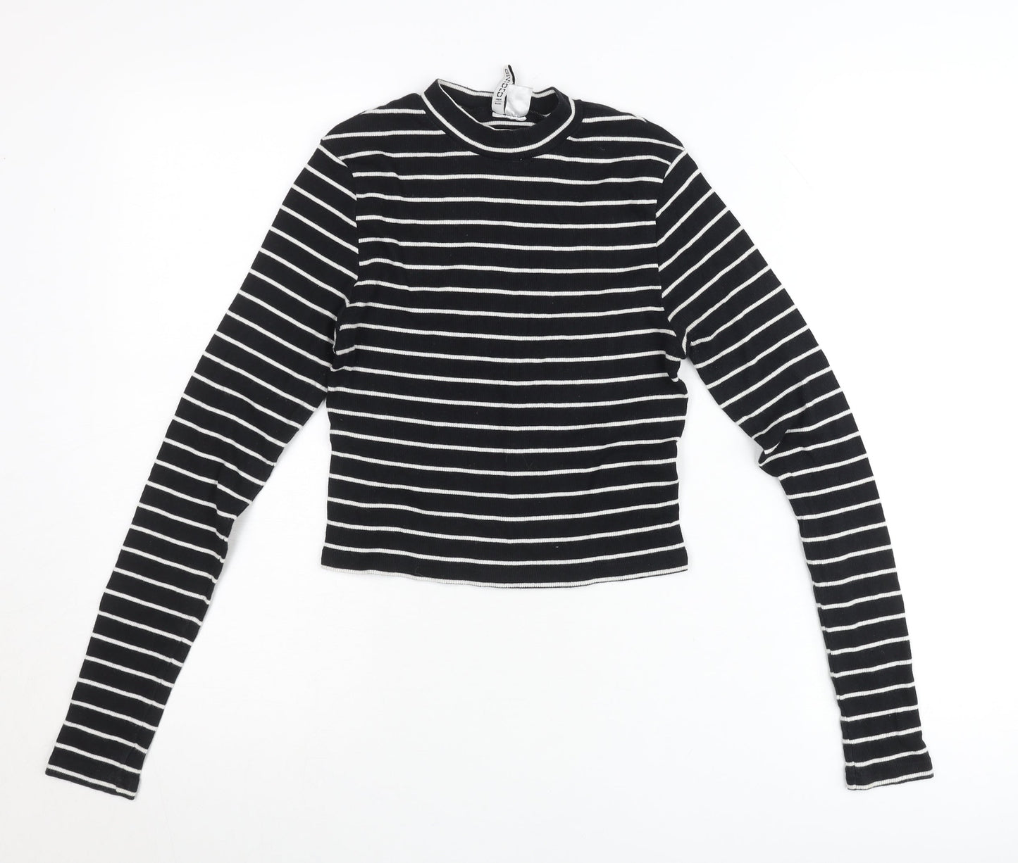 Zara Women Black Striped Slim Fit Mock Neck Cropped Long Sleeve T-Shirt Size S