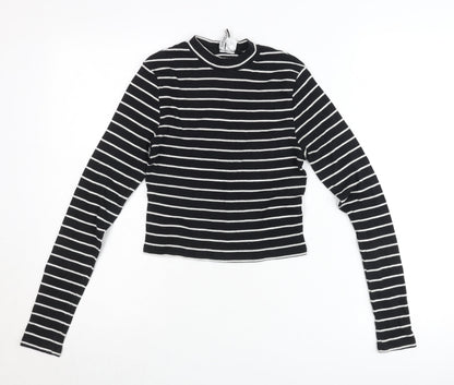 Zara Women Black Striped Slim Fit Mock Neck Cropped Long Sleeve T-Shirt Size S