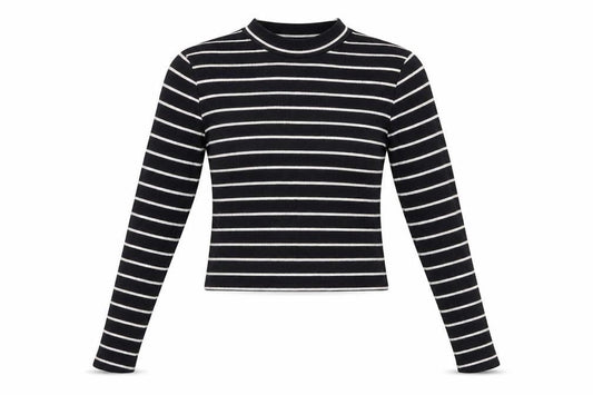 Zara Women Black Striped Slim Fit Mock Neck Cropped Long Sleeve T-Shirt Size S