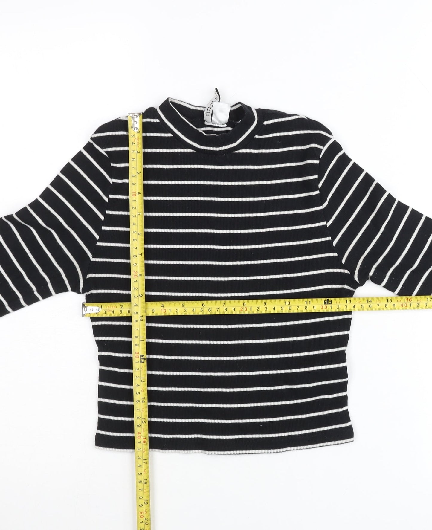 Zara Women Black Striped Slim Fit Mock Neck Cropped Long Sleeve T-Shirt Size S