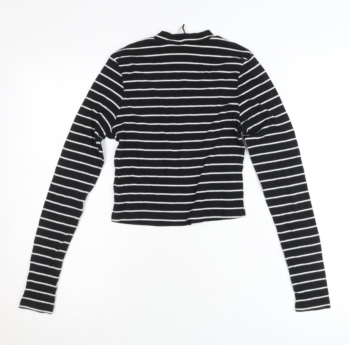 Zara Women Black Striped Slim Fit Mock Neck Cropped Long Sleeve T-Shirt Size S