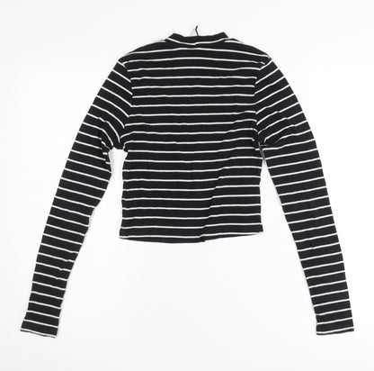 Zara Women Black Striped Slim Fit Mock Neck Cropped Long Sleeve T-Shirt Size S