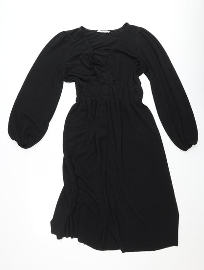 MNG Women’s Black Skater Mini Dress Size S Long Sleeve Ruched