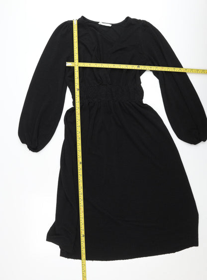 MNG Women’s Black Skater Mini Dress Size S Long Sleeve Ruched