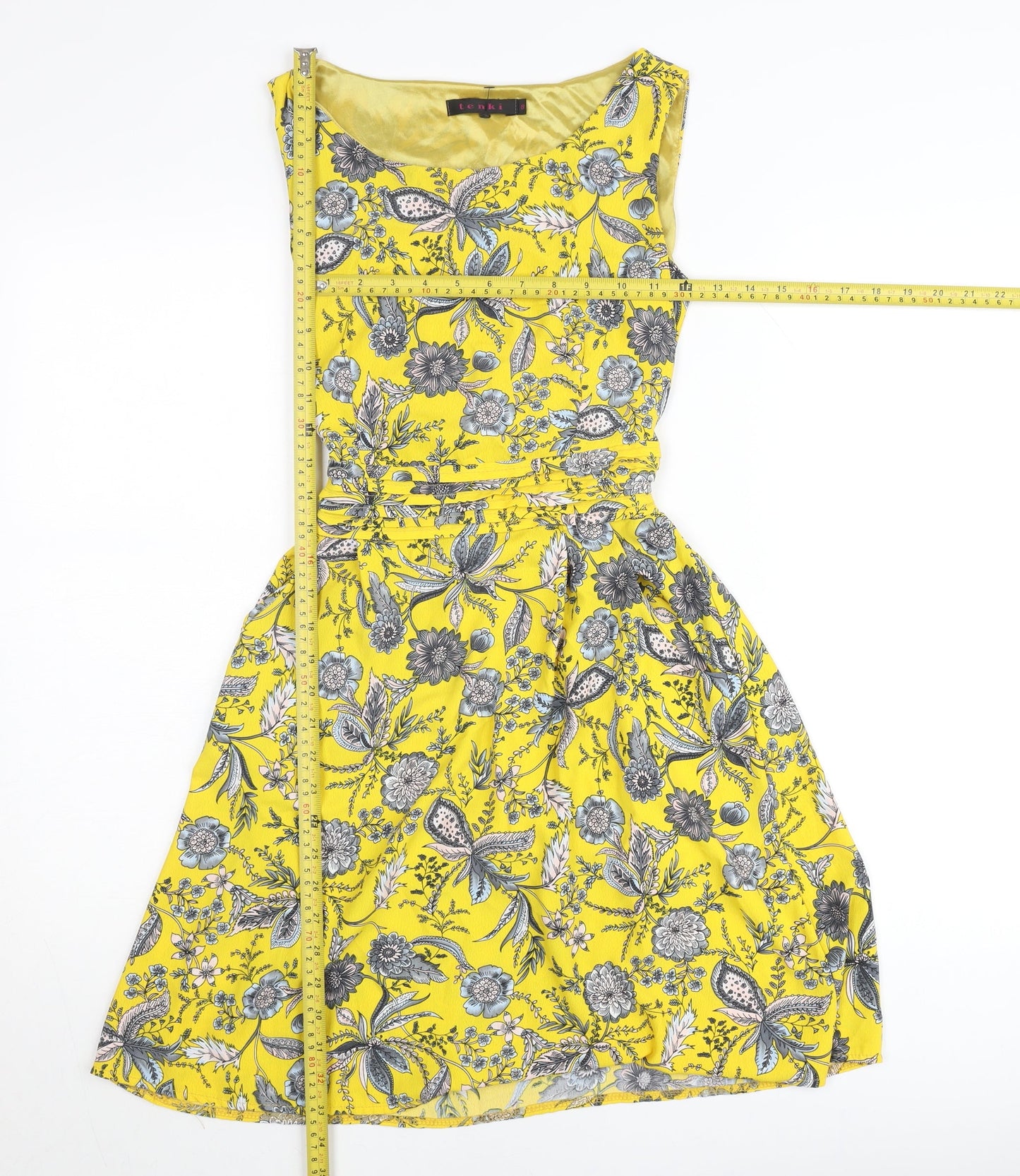Tenki Women’s Yellow Floral A-Line Belted Sleeveless Dress Size 8