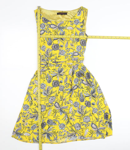 Tenki Women’s Yellow Floral A-Line Belted Sleeveless Dress Size 8