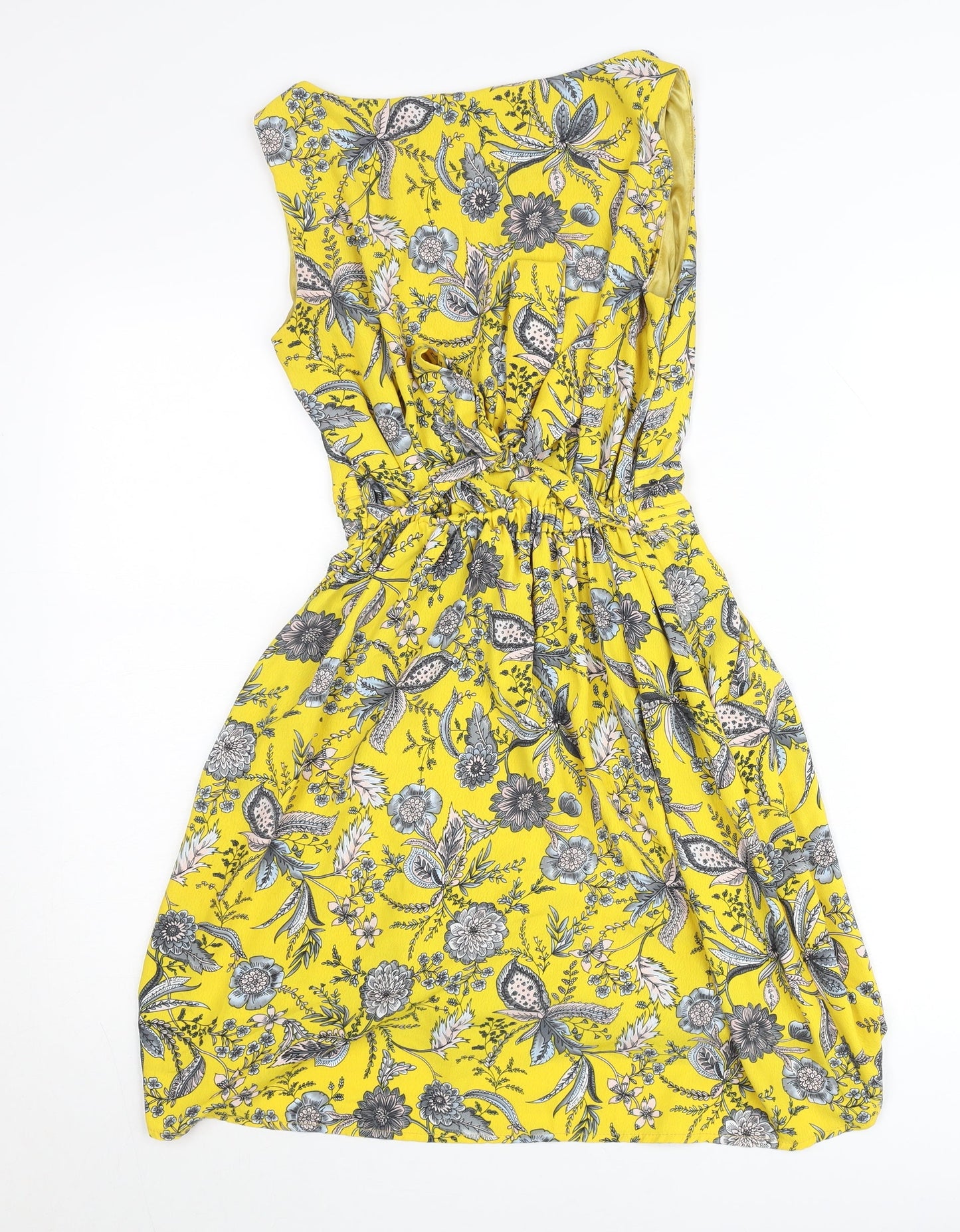 Tenki Women’s Yellow Floral A-Line Belted Sleeveless Dress Size 8
