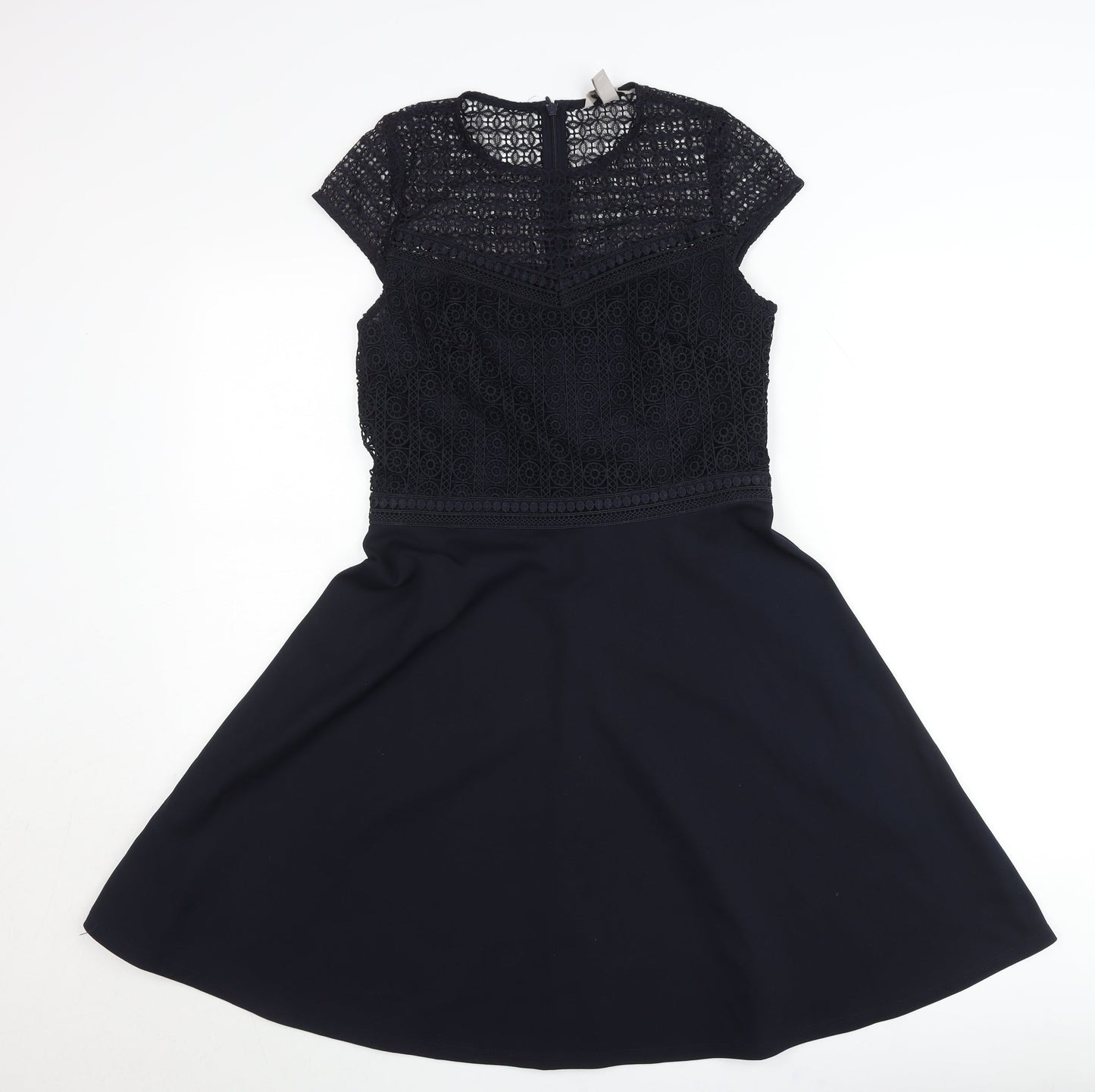 H&M Women’s Black Lace A-Line Dress Size 8 Short Sleeve Knee Length