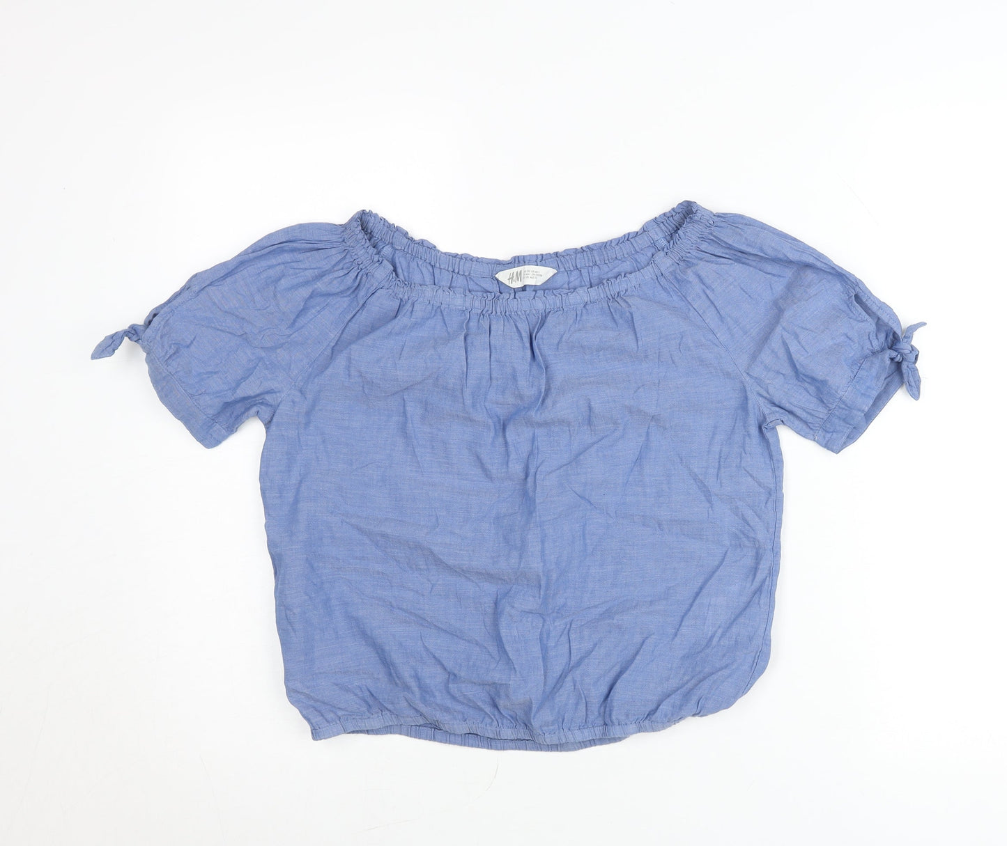 H&M Teens Blue Cotton Off Shoulder Blouse Size 14 Short Sleeve