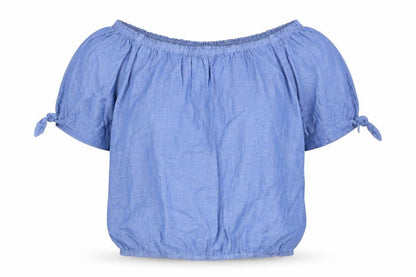 Front view of H&M Teens Blue Cotton Off Shoulder Blouse, size 14, Short Sleeve