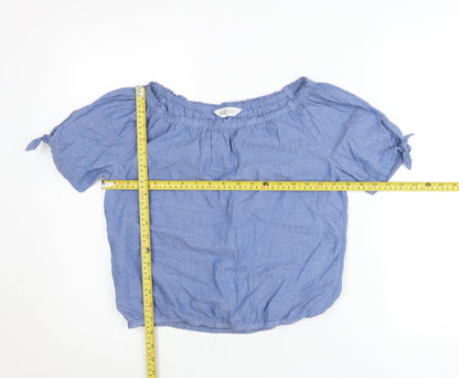 H&M Teens Blue Cotton Off Shoulder Blouse Size 14 Short Sleeve