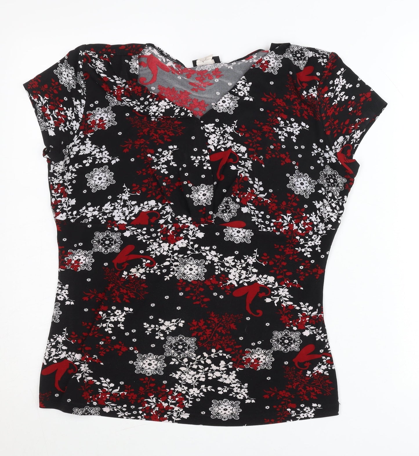 Perseption Concept Women's Black Red Floral V-Neck Tunic Blouse L