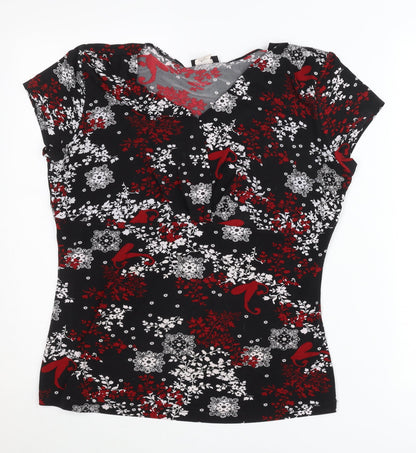 Perseption Concept Women's Black Red Floral V-Neck Tunic Blouse L
