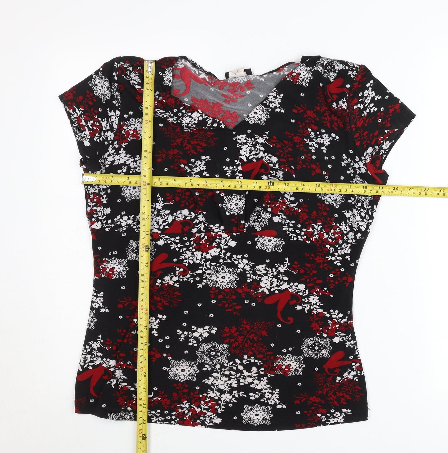 Perseption Concept Women's Black Red Floral V-Neck Tunic Blouse L