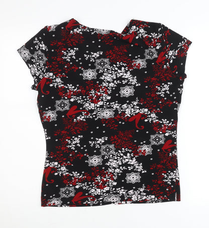 Perseption Concept Women's Black Red Floral V-Neck Tunic Blouse L