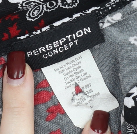 Perseption Concept Women's Black Red Floral V-Neck Tunic Blouse L