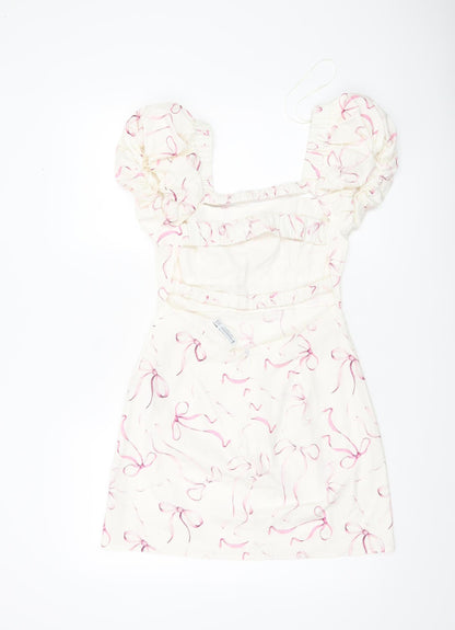 Stradivarius Women’s Ivory Puff Sleeve A-Line Short Dress Size 12