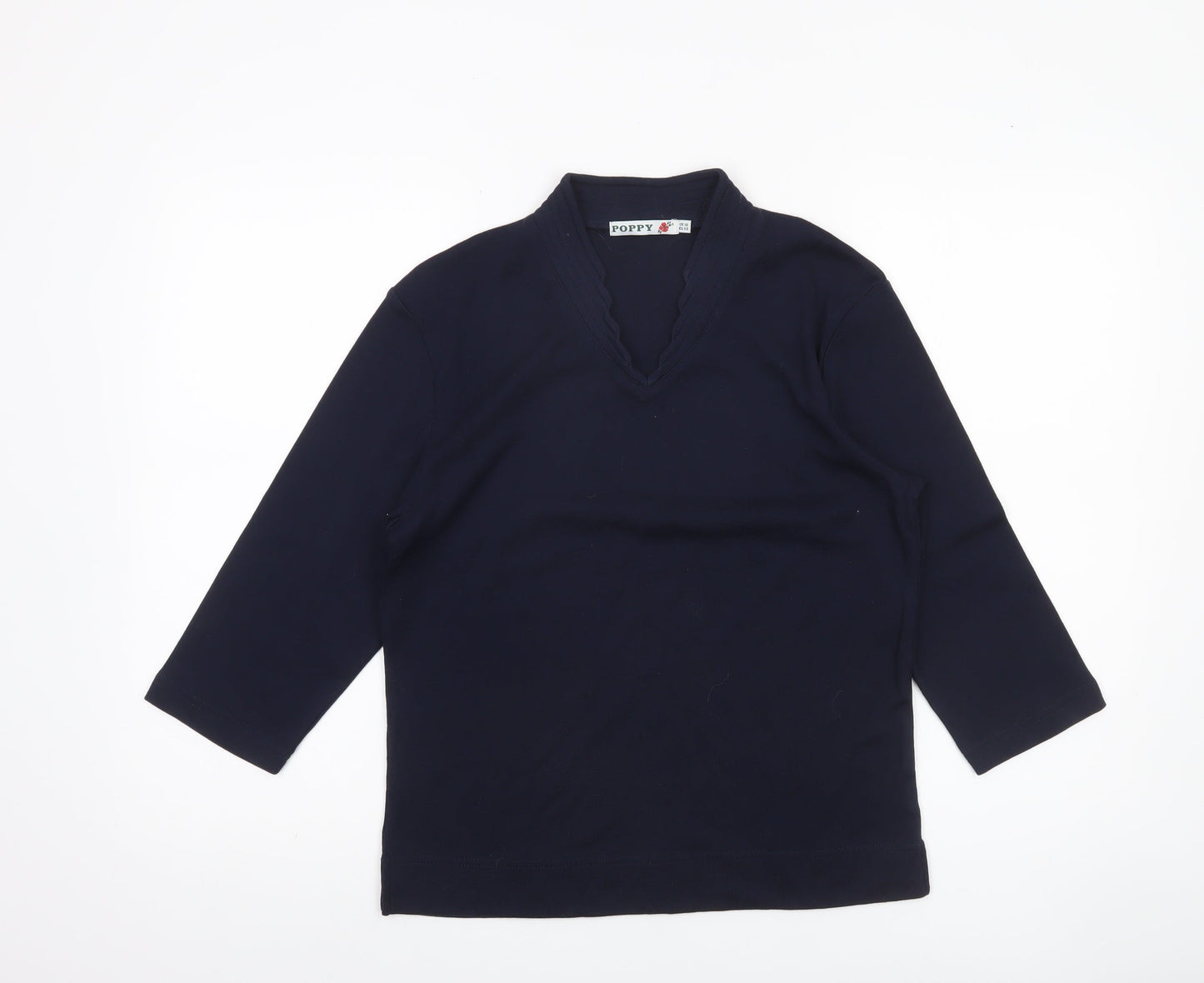 Poppy Womens Blue V-Neck 3/4 Sleeve Jersey Blouse Size 16