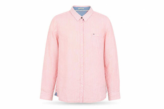 Front view of Hilfiger Denim Men's XL Pink Striped Button-Up Shirt Long Sleeve