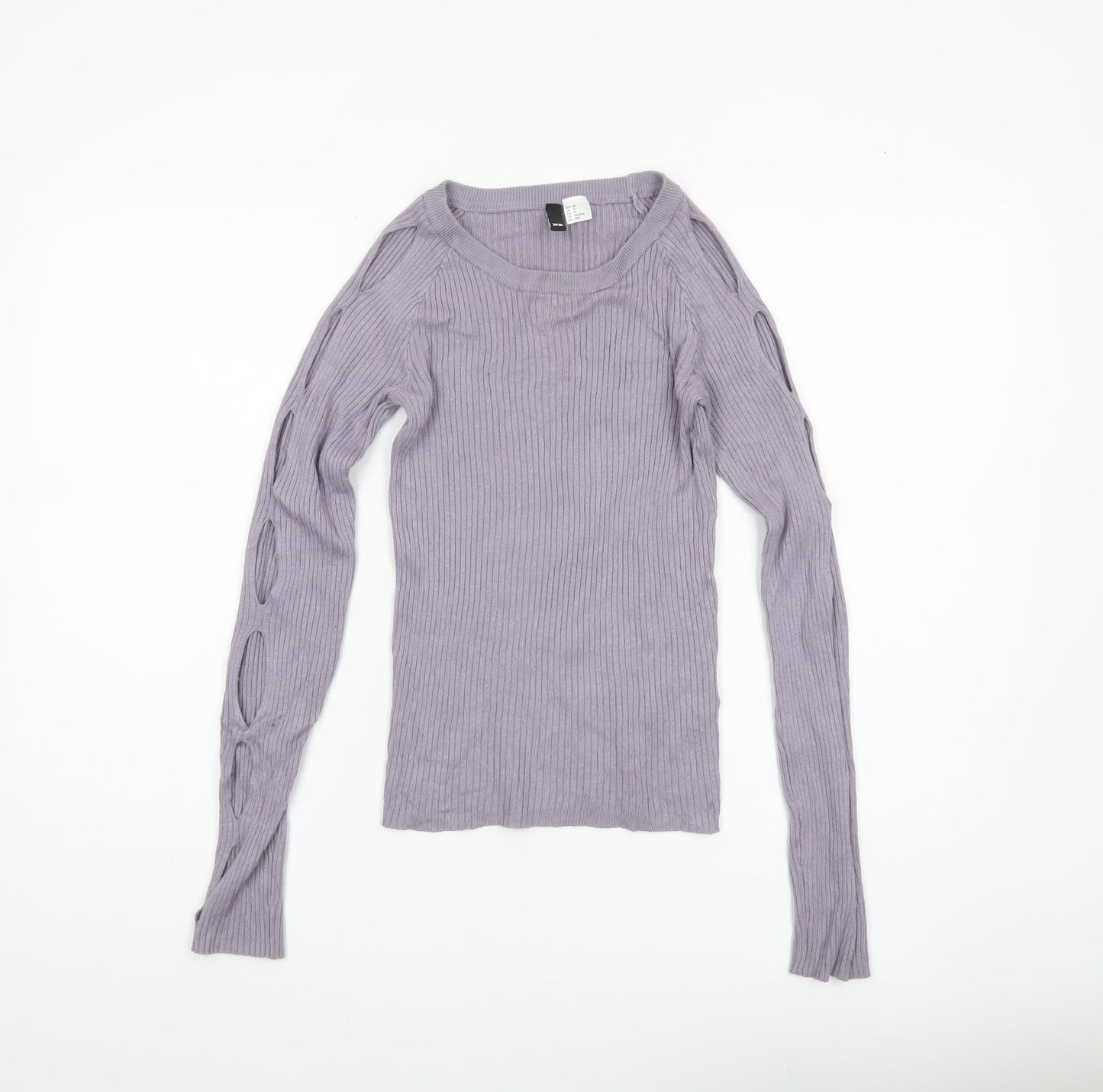 Women's Purple XS Ribbed Cut-Out Sleeve Slim Pullover Jumper
